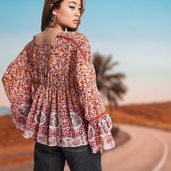 FREE PEOPLE Lorraine RETRO Print Tie-Front Wide Sleeve Flowy Tiered Kimono-Md - Picture 3 of 13